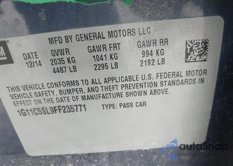 2015 Chevrolet Malibu 1Lt из США, поврежденный, VIN 1G11C5SL9FF235771